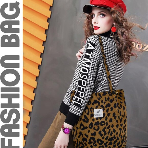 Corduroy Tote Bag for Women Canvas Shoulder Cord Purse with Inner Pocket - Picture 6 of 6